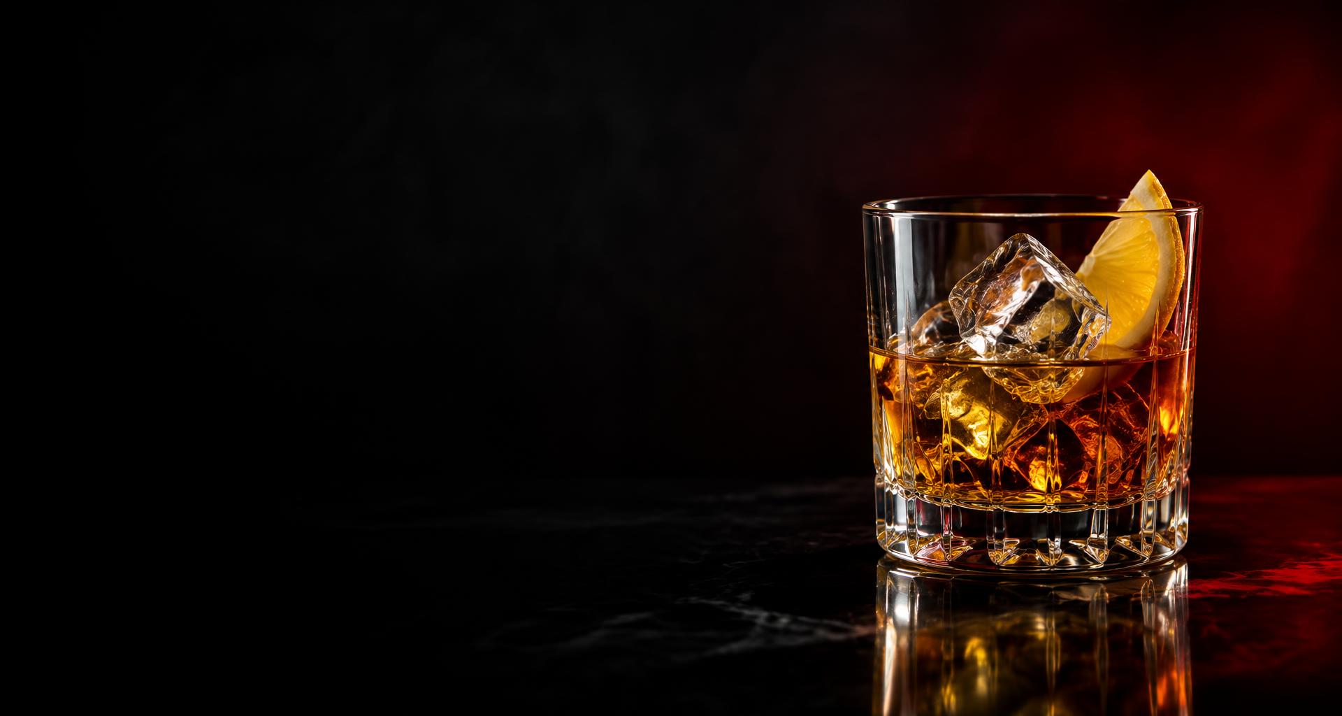 Whiskey glass with clear ice and a lemon wedge on a glossy black tabletop against a deep red backdrop